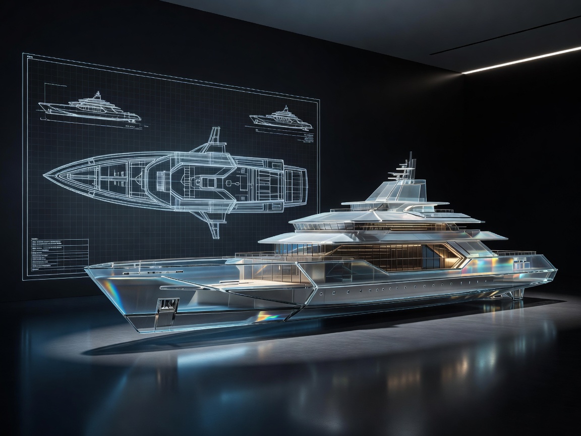 Futuristic naval architect blueprint and glass superstructure