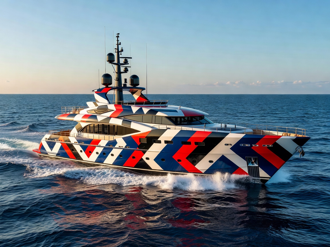 Superyacht Guilty featuring bold geometric dazzle camouflage